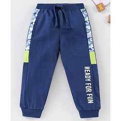 Babyhug Cotton Full Length Ribbed Waist Track Pant Text Print - Navy