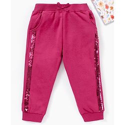 Babyhug Cotton Knit Full Length Lounge Pant Sequin Embellished - Maroon