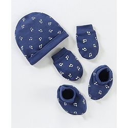 Babyhug 100% Cotton Cap Mitten & Booties Navy Blue - Diameter 9.5 cm
