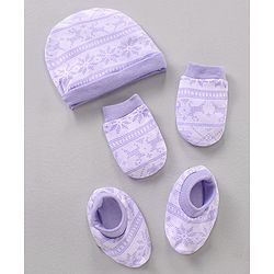 Babyhug 100% Cotton Cap Mitten & Booties Printed Purple- Diameter 11 cm