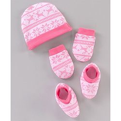 Babyhug 100% Cotton Cap Mitten & Booties Pink - Cap Diameter 11.5 Cm