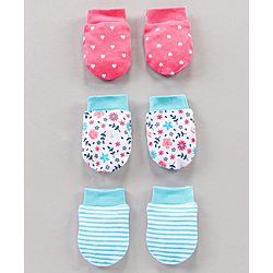 Babyhug 100% Cotton Mittens Heart Print Pack Of 3 - Pink