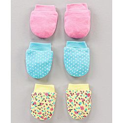 Babyhug 100% Cotton Mittens Floral Print Pack Of 3 - Blue Yellow Pink