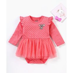 Babyhug 100% Cotton Full Sleeves Frock Style Onesie Polka Dot Print - Pink