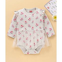 Babyhug 100% Cotton Full Sleeves Frock Style Onesie Floral Print - Grey