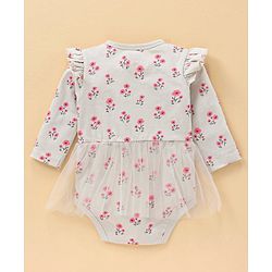 Babyhug 100% Cotton Full Sleeves Frock Style Onesie Floral Print - Grey