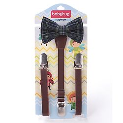 Babyhug Checkered Bow and Suspender Set - Black Brown