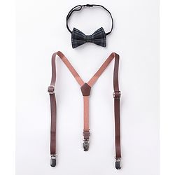 Babyhug Checkered Bow and Suspender Set - Black Brown