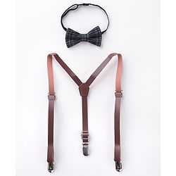 Babyhug Checkered Bow and Suspender Set - Black Brown