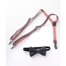 Babyhug Checkered Bow and Suspender Set - Black Brown