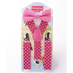 Babyhug Bow and Suspender Set Polka Dots Printed - Dark Pink