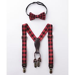 Babyhug Checkered Bow and Suspender Set - Red
