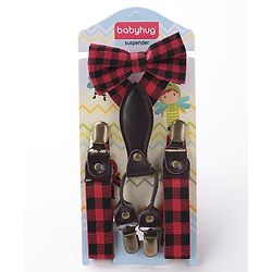 Babyhug Checkered Bow and Suspender Set - Red