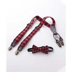 Babyhug Checkered Bow and Suspender Set - Red