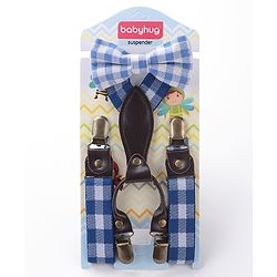 Babyhug Checkered Bow and Suspender Set - Blue