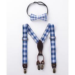 Babyhug Checkered Bow and Suspender Set - Blue