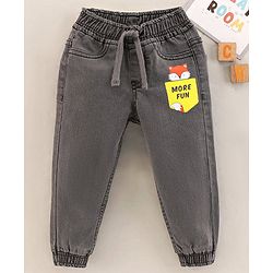 Babyhug Full Length Spandex Denim Jogger Fox Applique - Grey