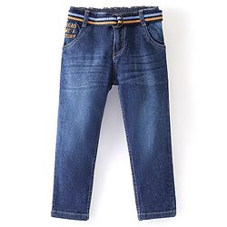 Babyhug Cotton Full Length Denim Jeans with Belt Washed Solid Colour - Blue