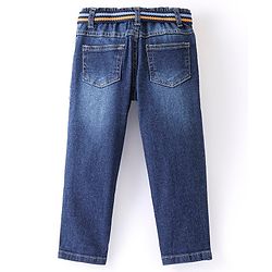 Babyhug Cotton Full Length Denim Jeans with Belt Washed Solid Colour - Blue
