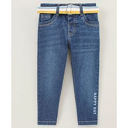Babyhug Full Length Washed Denim Stretchable Jeans with Belt Text Print - Blue