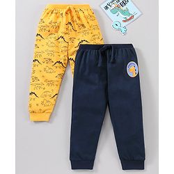 Babyhug Cotton Full Length Ribbed Waist Lounge Pant Printed Pack of 2  - Yellow Navy