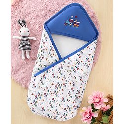 Babyhug Cotton Interlock Double Layer Hooded Wrapper with Train Embroidery - Blue