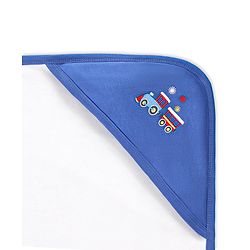 Babyhug Cotton Interlock Double Layer Hooded Wrapper with Train Embroidery - Blue