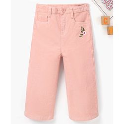 Babyhug Cotton Stretchable Culotte Length Corduroy Pants Flower Embroidery - Pink