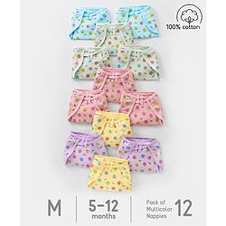 Babyhug Muslin Cotton Dyed Printed Cloth Nappies Extra Small Set of 12 - Multicolour
