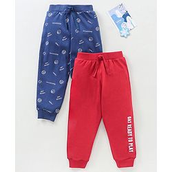 Babyhug Cotton Knit Full Length Joggers Pant Text Print Pack of 2 - Navy Red
