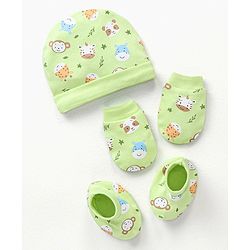 Babyhug 100% Cotton Cap Mittens & Booties Set Cow Giraffe Print - Diameter 10 cm