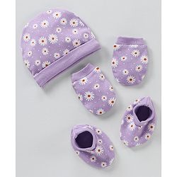 Babyhug 100% Cotton Cap Mittens & Booties Purple - Circumference 35 cm