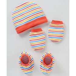 Babyhug 100% Cotton Cap Mittens & Booties Multicolour - Circumference 32 cm