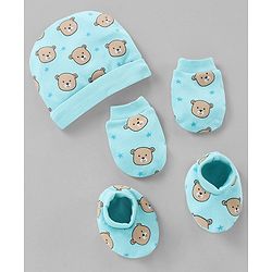 Babyhug 100% Cotton Cap Mittens & Booties Set Teddy Print Blue - Diameter- 11 cm