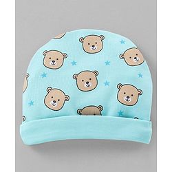 Babyhug 100% Cotton Cap Mittens & Booties Set Teddy Print Blue - Diameter- 11 cm