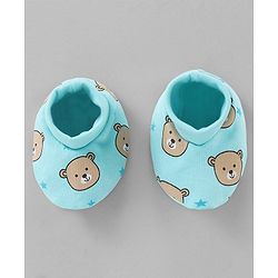 Babyhug 100% Cotton Cap Mittens & Booties Set Teddy Print Blue - Diameter- 11 cm