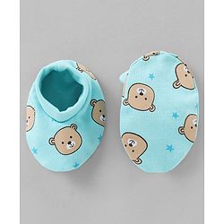 Babyhug 100% Cotton Cap Mittens & Booties Set Teddy Print Blue - Diameter- 11 cm