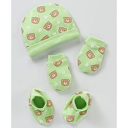Babyhug 100% Cotton Cap Mittens & Booties Green - Circumference 39 cm