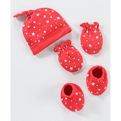 Babyhug 100% Cotton Cap Mittens & Booties Star Print Red - Circumference 38 cm