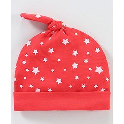 Babyhug 100% Cotton Cap Mittens & Booties Star Print Red - Circumference 38 cm