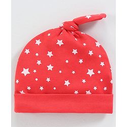 Babyhug 100% Cotton Cap Mittens & Booties Star Print Red - Circumference 38 cm