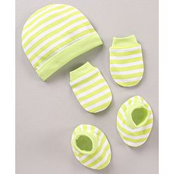 Babyhug 100 % Cotton Cap Mittens and Booties Stripes Print Green - Diameter 12 cm