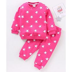 Babyhug Full Sleeves Terry Night Suit Star Print - Pink