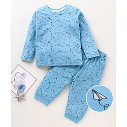 Babyhug Cotton Full Sleeves Night Suit Paper Plane Print - Blue
