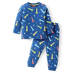 Babyhug Full Sleeves Cotton Night Suit Rocket & Stars Print- Navy Blue