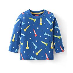 Babyhug Full Sleeves Cotton Night Suit Rocket & Stars Print- Navy Blue