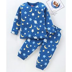 Babyhug Full Sleeves Cotton Night Suit Moon & Stars Print- Navy Blue