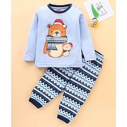 Babyhug Cotton Knit Full Sleeves Night Suit With Bear Print - Light Blue