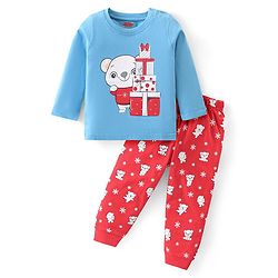 Babyhug Cotton Knit Full Sleeves Bear Printed Night Suit -  Blue