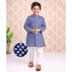 Babyhug Full Sleeves Kurta & Pajama Set Ethnic Print - White Blue